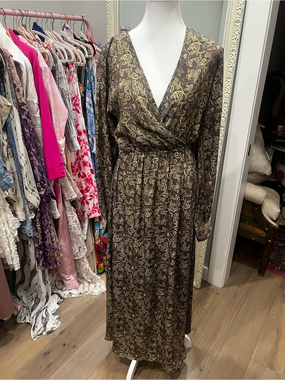 Brown Paisley Long Sleeve Maxi Dress